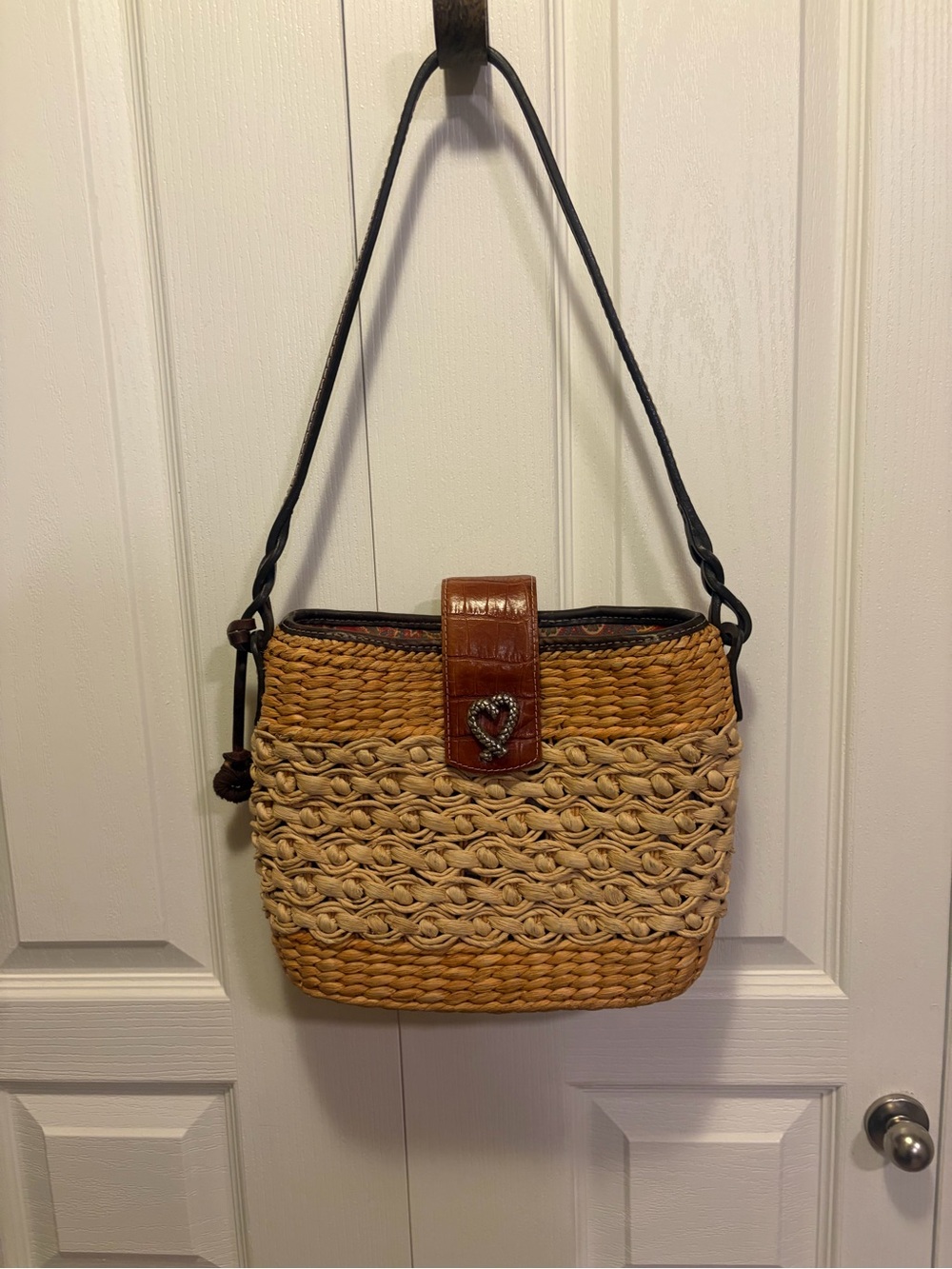 Brighton Woven Straw Shoulder Bag with Brown Leather Trim